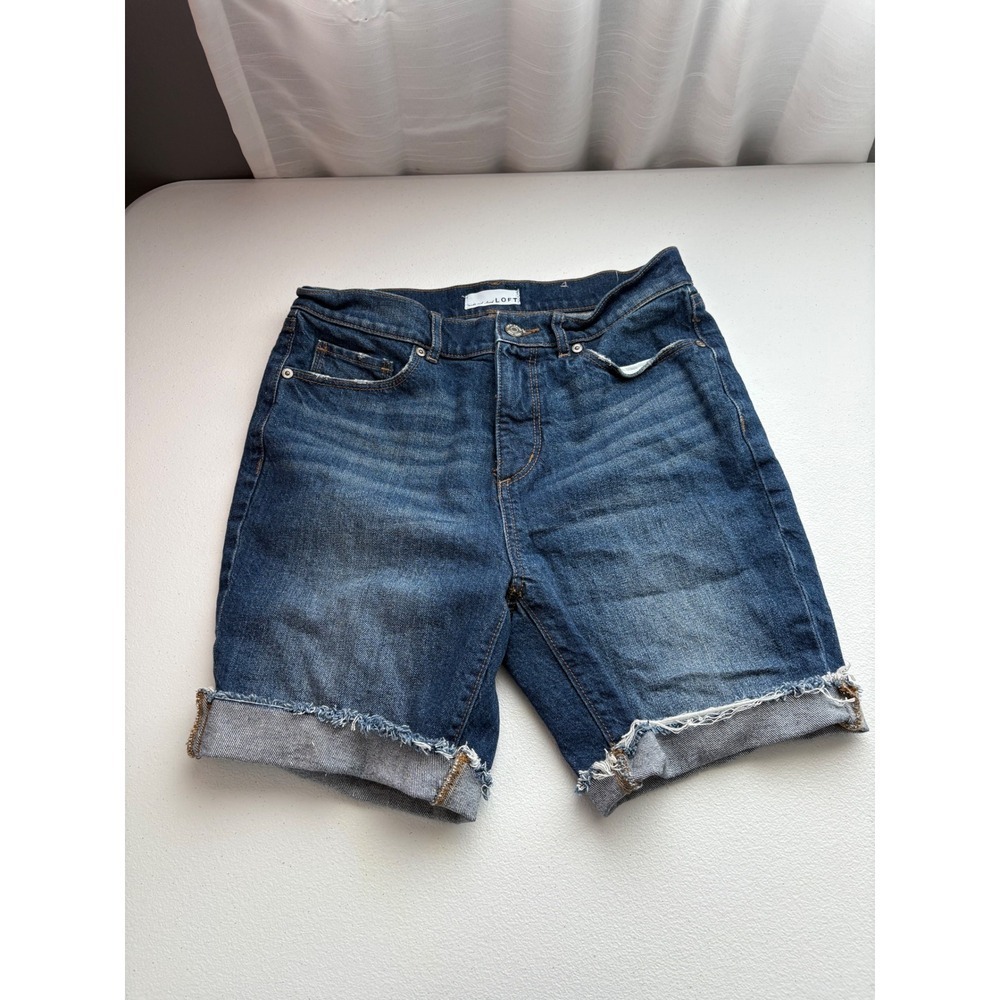 LOFT Denim Bermuda Shorts Frayed Hem Cuffed Dark Wash Womens‎ Size 26